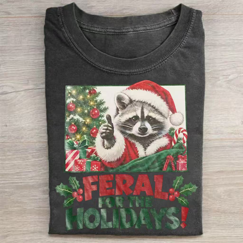 Feral For The Holidays Raccoon Christmas T‑Shirt