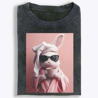 Bunny in Bathrobe Morning Coffee Retro Washed T-Shirt