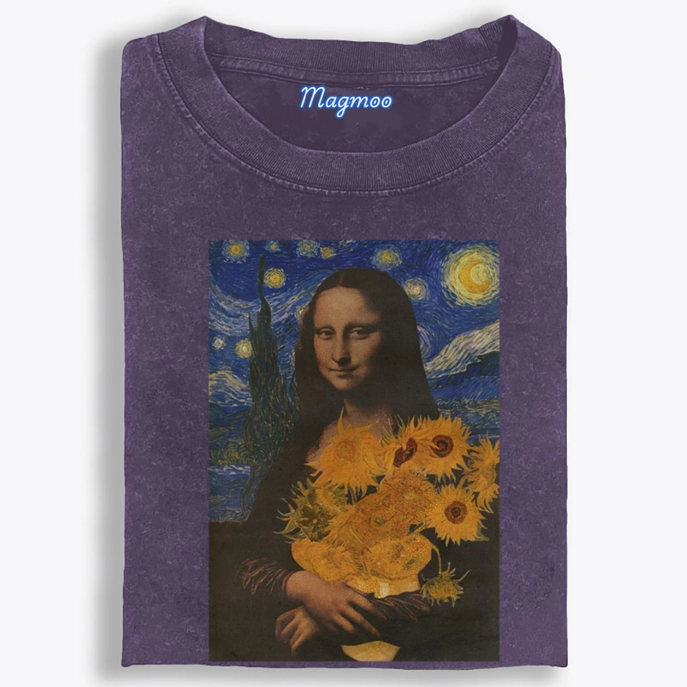Mona Lisa's Starry Sunflowers Retro Washed T-Shirt
