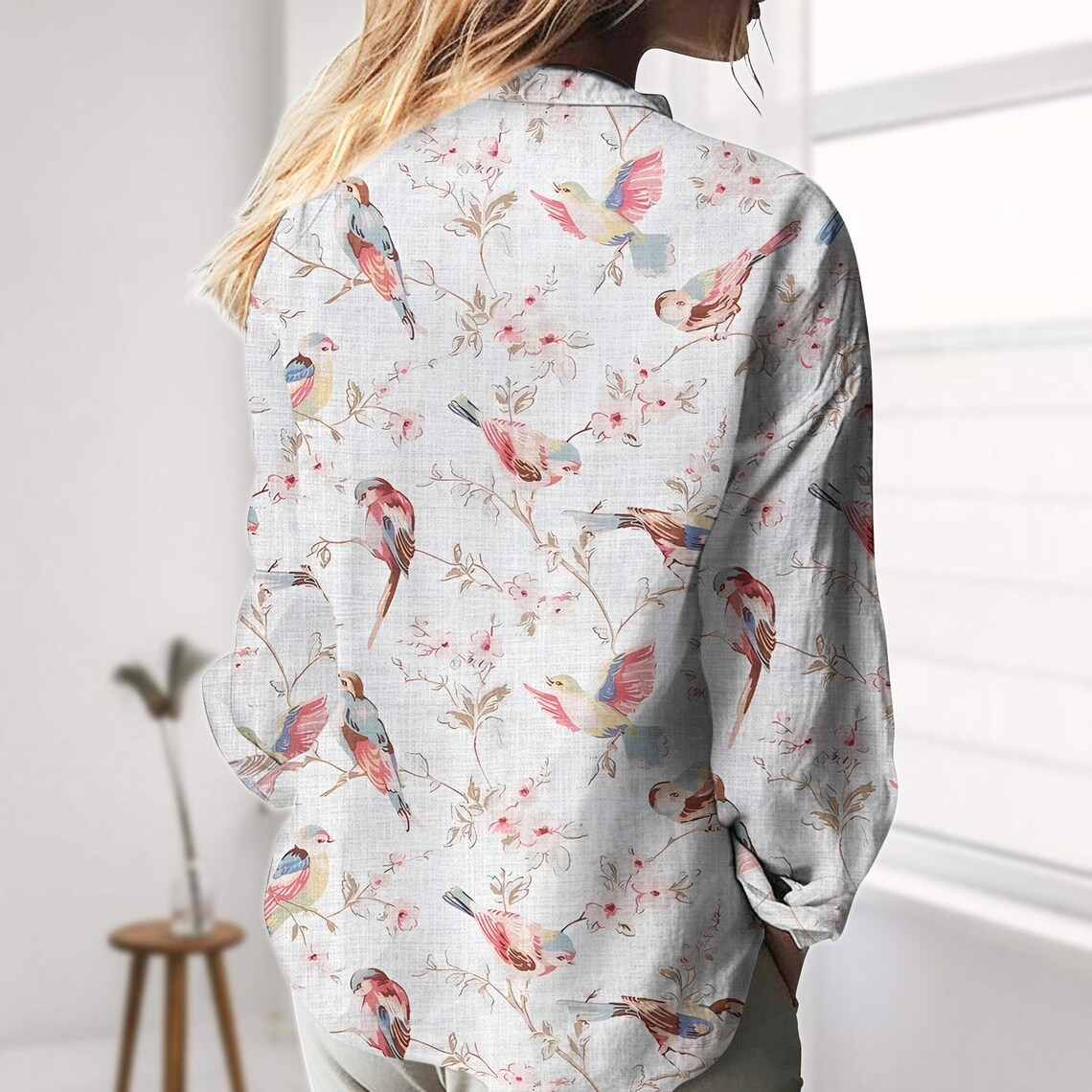 Birds Flower Linen-Look Shirt