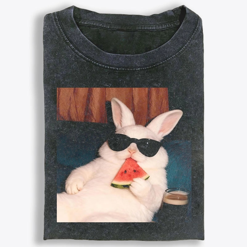 Rabbit Eating Watermelon Sunglasses Retro Washed T-Shirt
