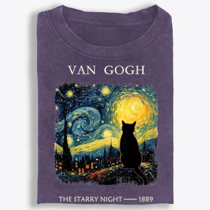 Van Gogh Starry Night Cat Retro Washed T-Shirt