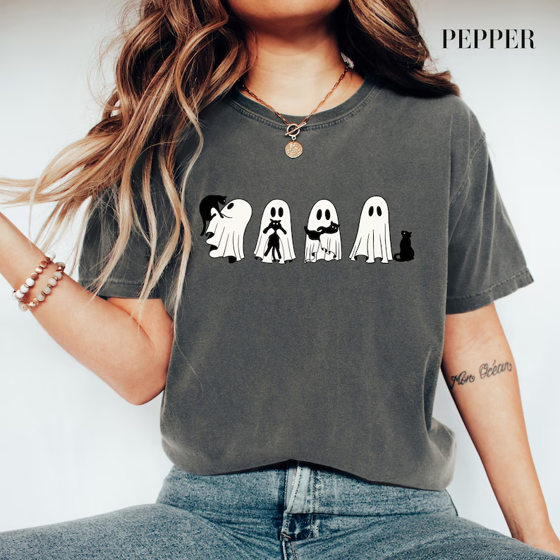 Halloween Black Cat & Ghost Comfort Colors Shirt-Magmoo