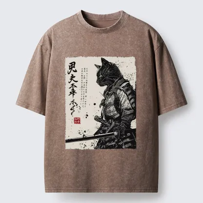 Magmoo Japanese Samurai Cat Funny Washed T-Shirt
