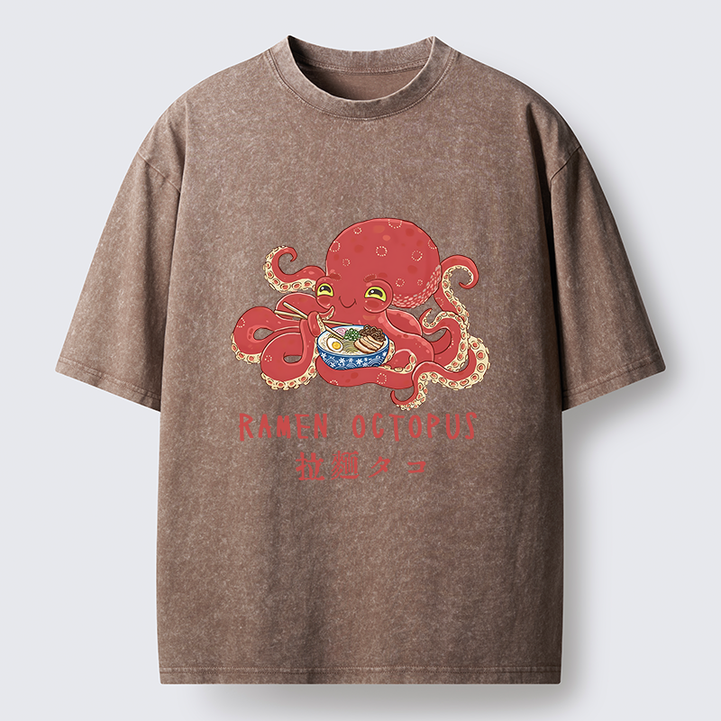 Magmoo Cute Octopus Eating Ramen Washed T-Shirt