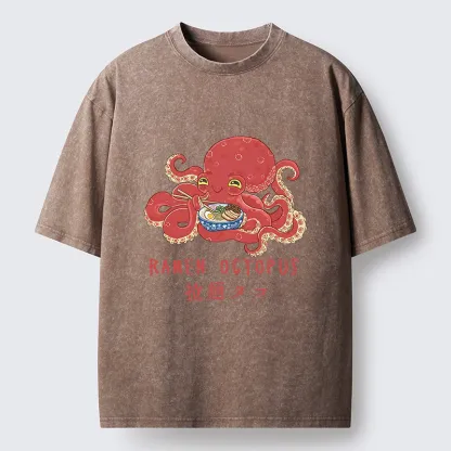 Magmoo Cute Octopus Eating Ramen Washed T-Shirt