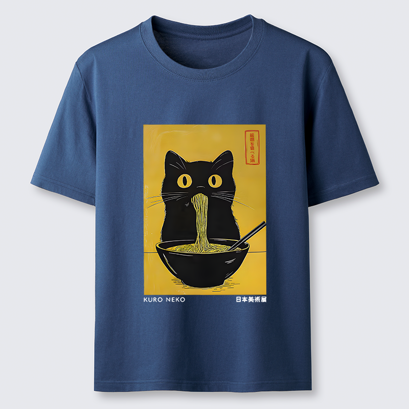 Magmoo Black Cat Eats Ramen In Big Bites Classic T-Shirt-Magmoo