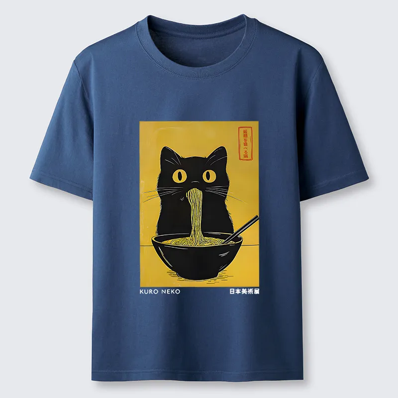 Magmoo Black Cat Eats Ramen In Big Bites Classic T-Shirt-Magmoo