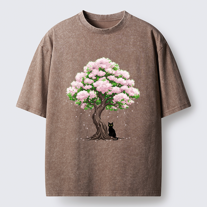Magmoo Sakura And Cat Washed T-Shirt-Magmoo