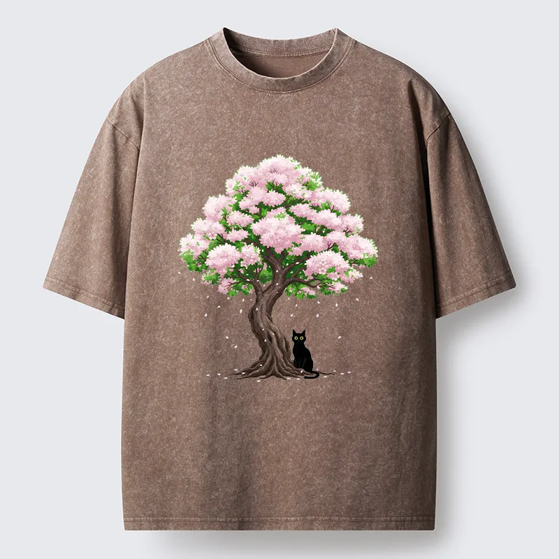 Magmoo Sakura And Cat Washed T-Shirt-Magmoo