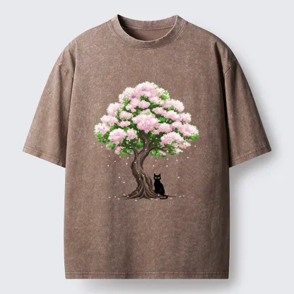 Magmoo Sakura And Cat Washed T-Shirt-Magmoo