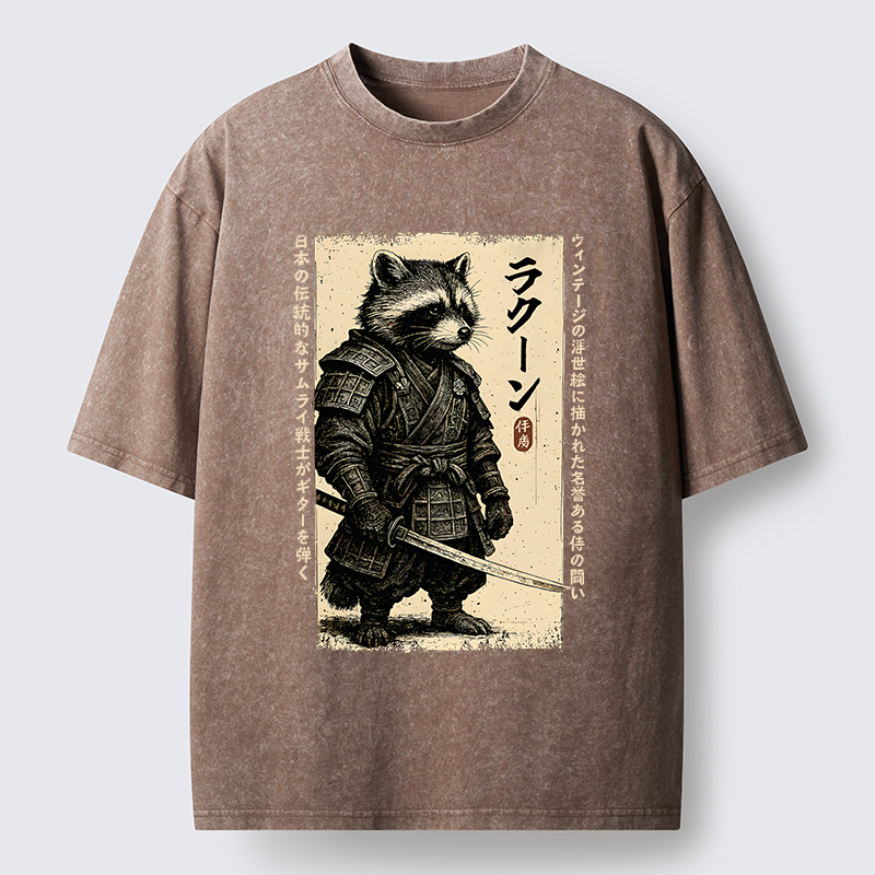 Magmoo Raccoon Japanese Samurai Washed T-Shirt