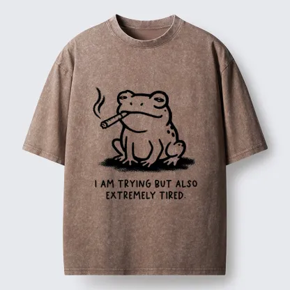 Magmoo Hardworking But Tired Frog Washed T-Shirt