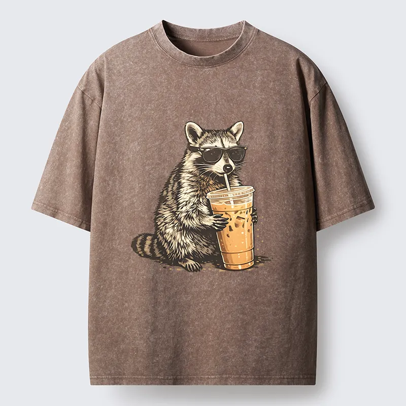 Magmoo Raccoon Drinking Coffee Funny Washed T-Shirt