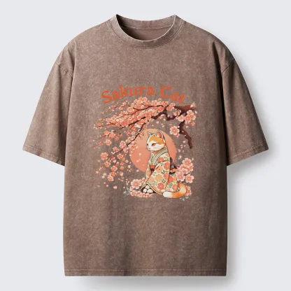 Magmoo Cat Under The Sakura Washed T-Shirt-Magmoo