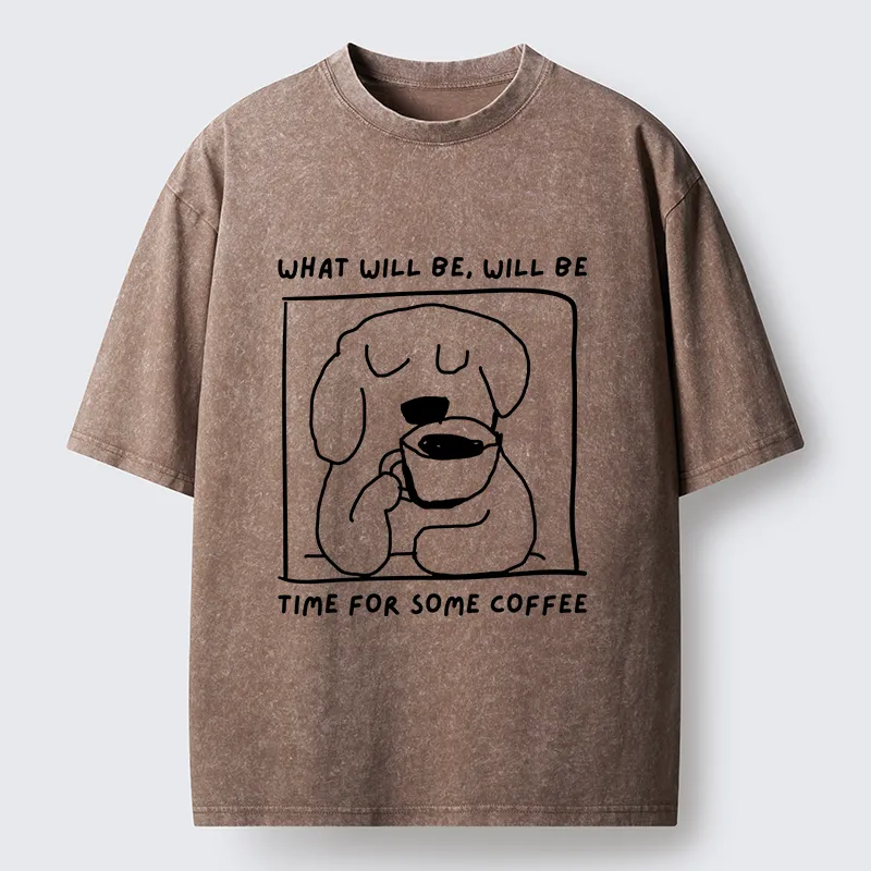Magmoo Puppy Drinks Coffee Washed T-Shirt-Magmoo