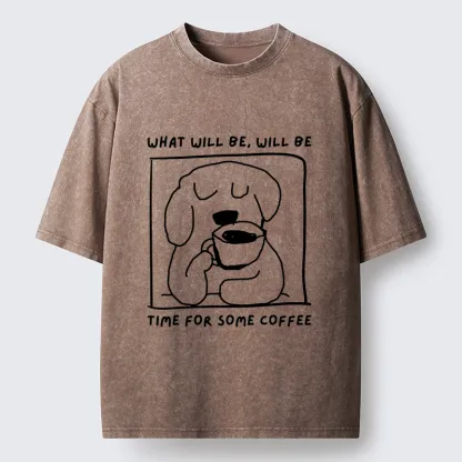 Magmoo Puppy Drinks Coffee Washed T-Shirt-Magmoo
