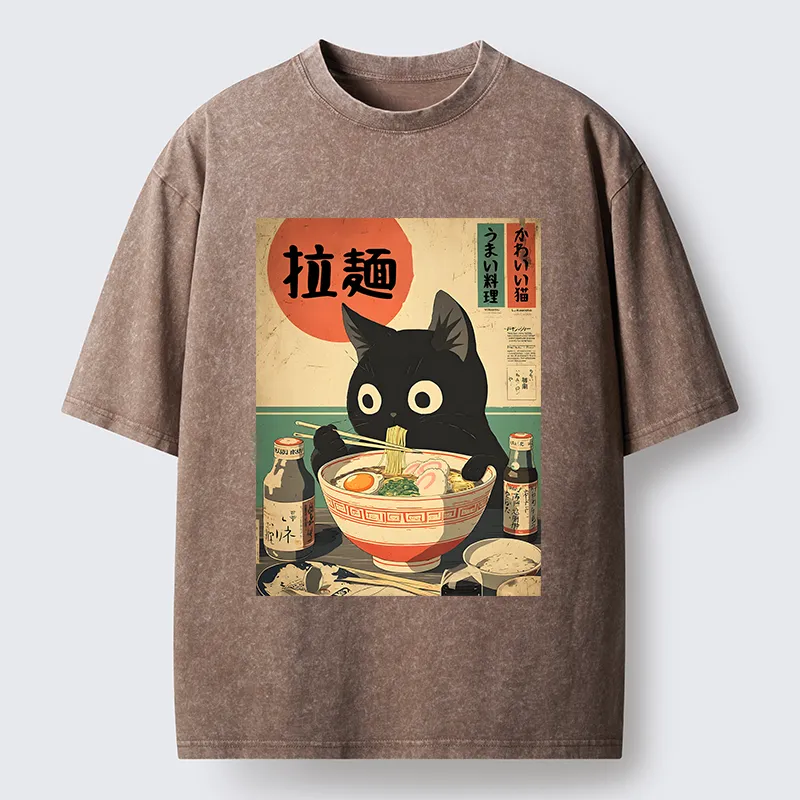 Magmoo Cat Is Eating Ramen At The Restaurant Washed T-Shirt-Magmoo