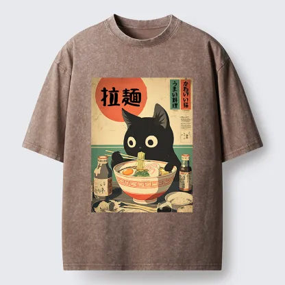 Magmoo Cat Is Eating Ramen At The Restaurant Washed T-Shirt-Magmoo
