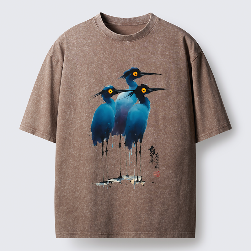 Magmoo Great Blue Heron Ink Painting Washed T-Shirt-Magmoo