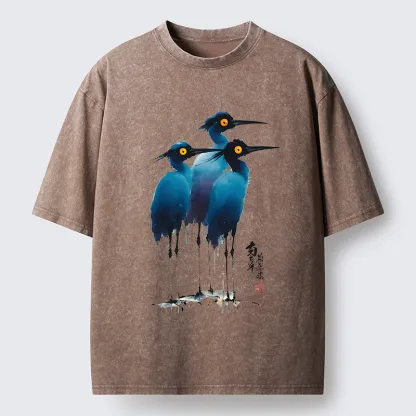 Magmoo Great Blue Heron Ink Painting Washed T-Shirt-Magmoo