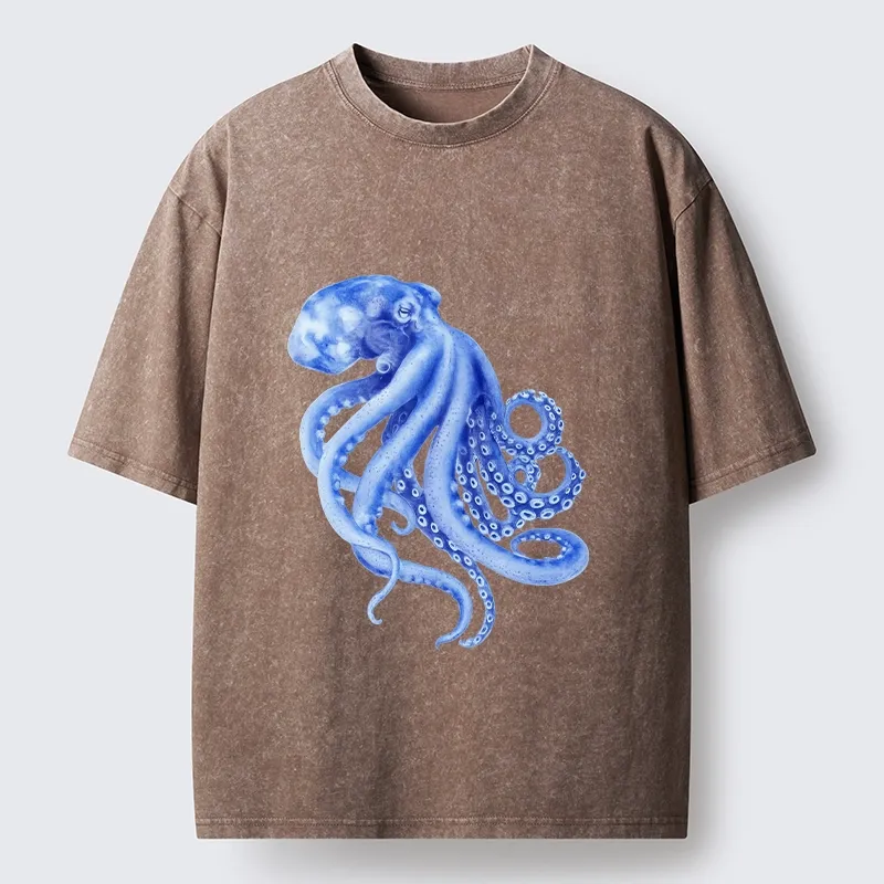 Magmoo Retro Blue Octopus Washed T-Shirt-Magmoo