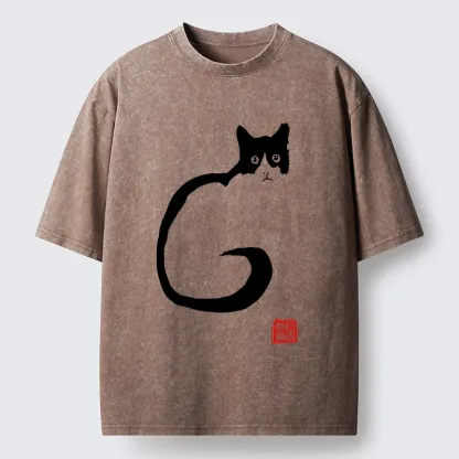 Magmoo Calm Cat in Simple Lines Washed T-Shirt-Magmoo