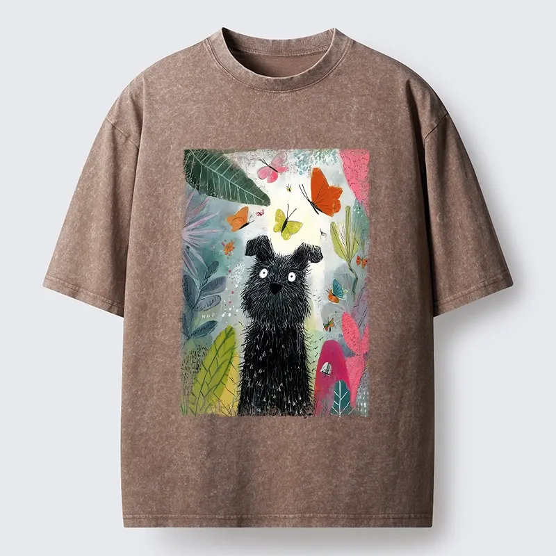 Magmoo Black Dog Among Colorful Butterflies Washed T-Shirt-Magmoo