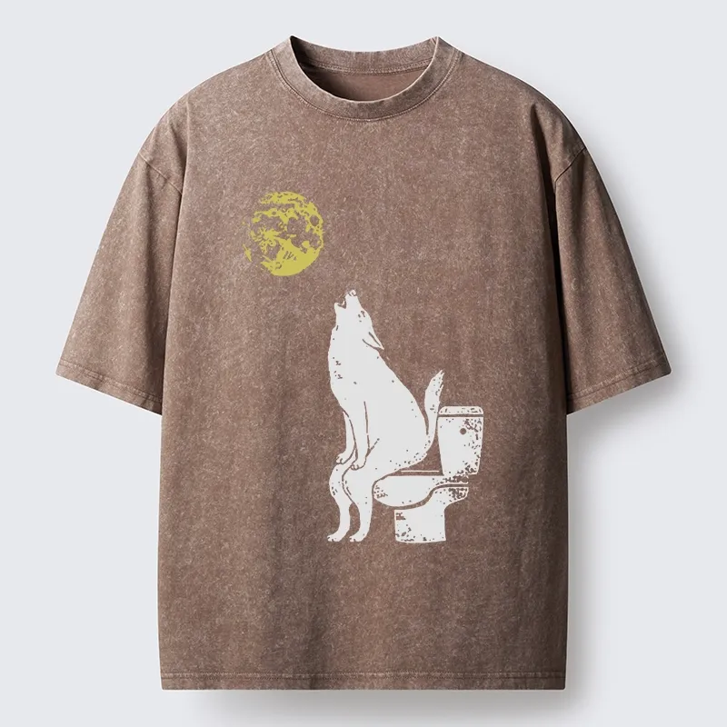 Magmoo Wolf Howling At Moon On Toilet Washed T-Shirt-Magmoo