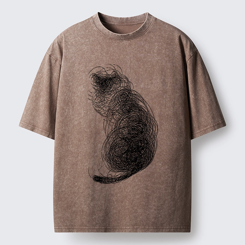 Magmoo Chaotic Line Art Of A Curled Cat Washed T-Shirt-Magmoo