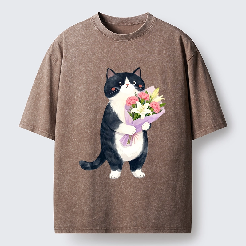 Magmoo Sweet Cat Delivers Flowers Washed T-Shirt-Magmoo