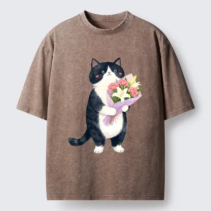 Magmoo Sweet Cat Delivers Flowers Washed T-Shirt-Magmoo