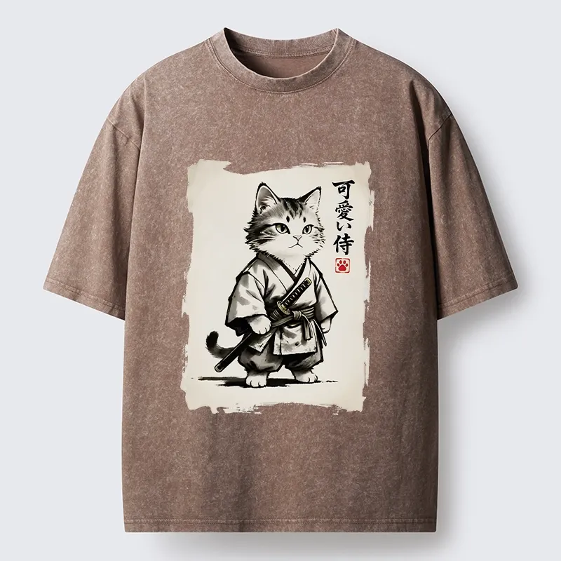 Magmoo Japanese Samurai Cat Illustration Washed T-Shirt
