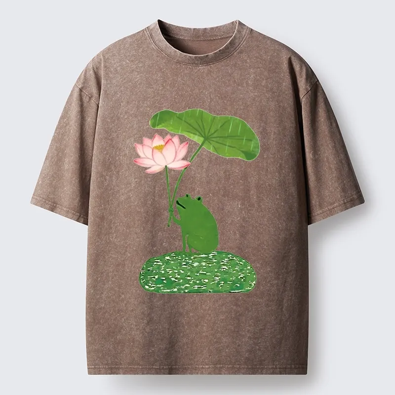 Magmoo Frog With Lotus Umbrella Meme Washed T-Shirt
