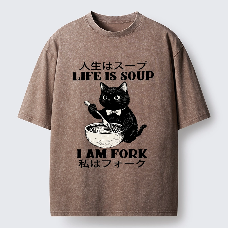 Magmoo Life Is Soup Cat Humor Meme Washed T-Shirt-Magmoo