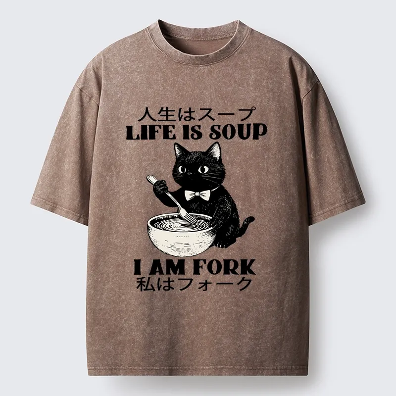Magmoo Life Is Soup Cat Humor Meme Washed T-Shirt-Magmoo