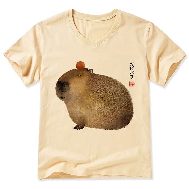 Magmoo Calm Capybara Illustration V-Neck Classic T-Shirt-Magmoo