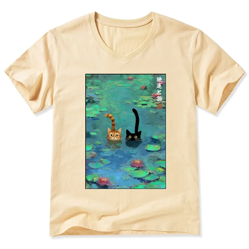 Magmoo Funny Cats Swimming In Lilies V-Neck Classic T-Shirt-Magmoo