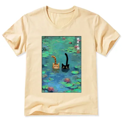 Magmoo Funny Cats Swimming In Lilies V-Neck Classic T-Shirt-Magmoo