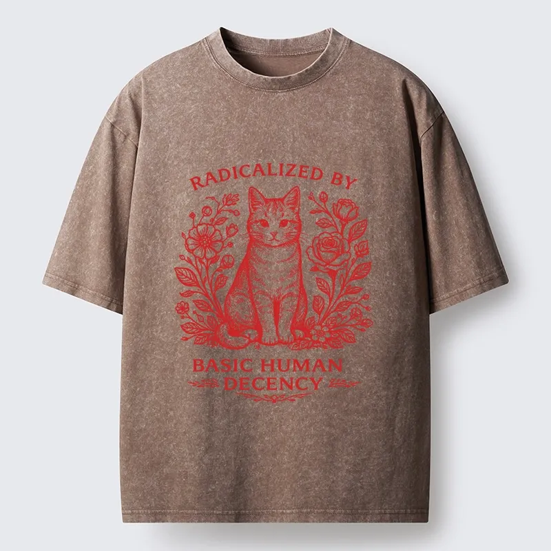 Magmoo Cat Roses Radical Human Decency Washed T-Shirt