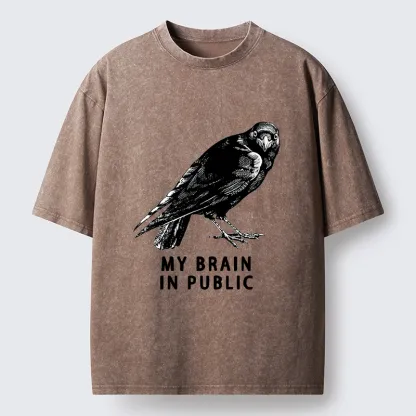 Magmoo Black Crow Public Brain Funny Art Washed T-Shirt