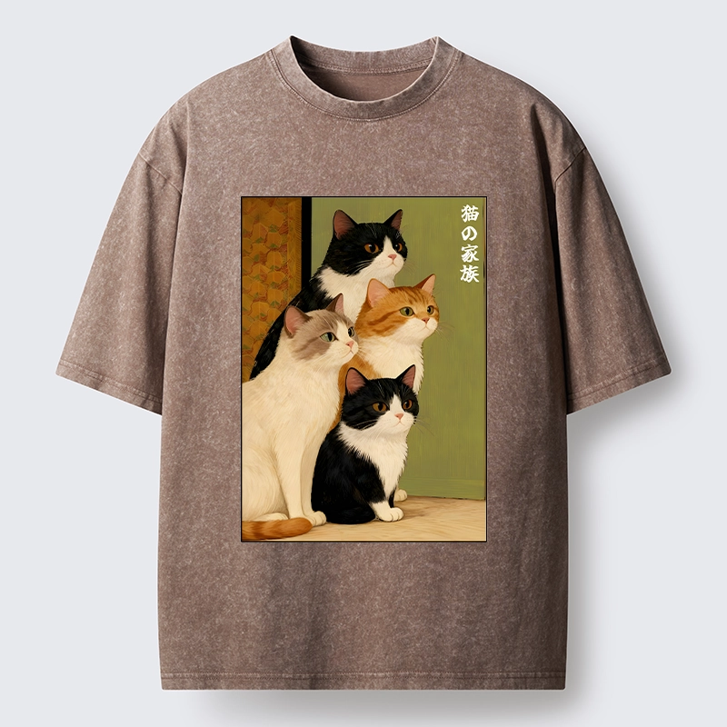 Magmoo Funny Japanese Cat Family Portrait Washed T-Shirt