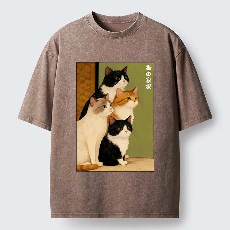 Magmoo Funny Japanese Cat Family Portrait Washed T-Shirt