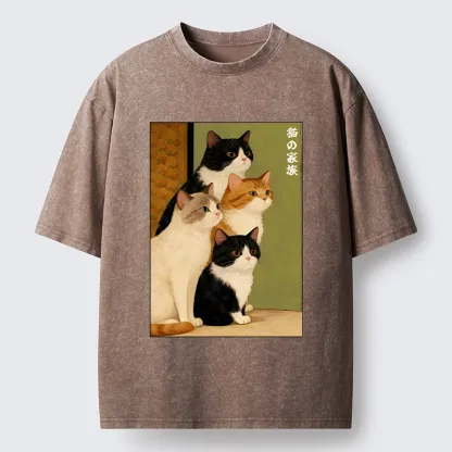 Magmoo Funny Japanese Cat Family Portrait Washed T-Shirt