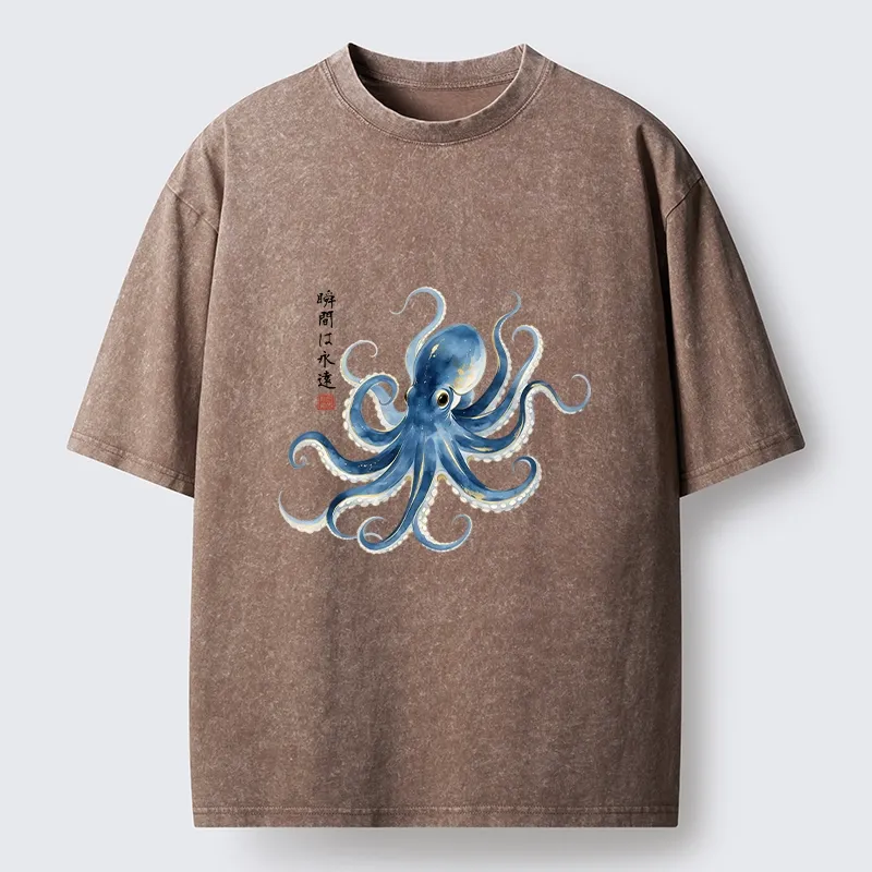 Magmoo Stylish Blue Octopus Japanese Washed T-Shirt