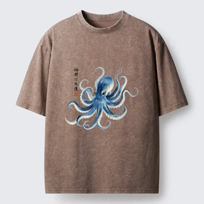 Magmoo Stylish Blue Octopus Japanese Washed T-Shirt