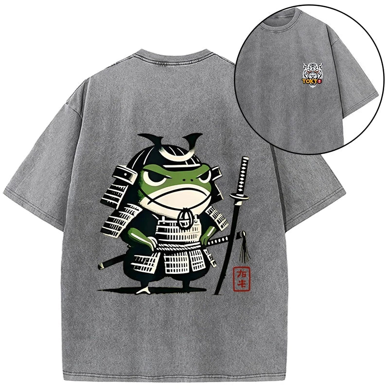 Magmoo Frog Samurai Japan Front Back Washed T-Shirt