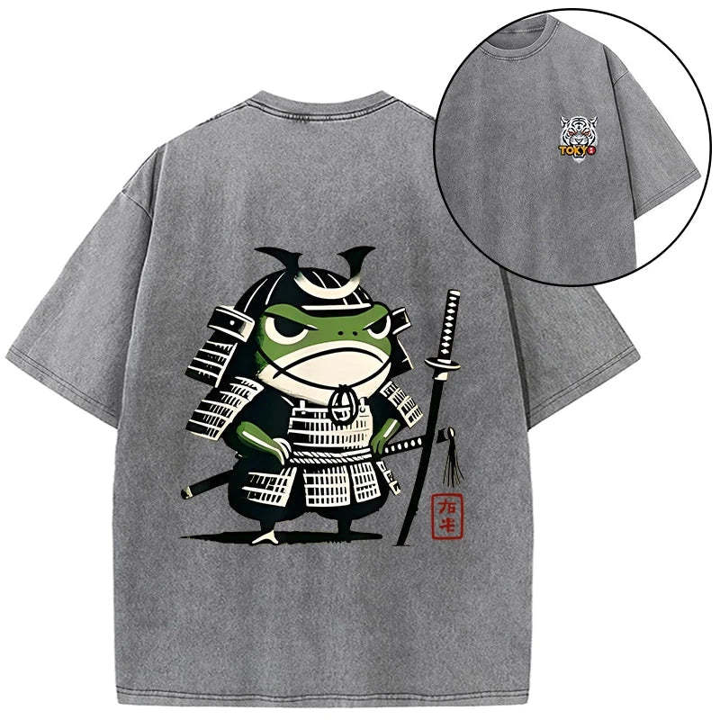 Magmoo Frog Samurai Japan Front Back Washed T-Shirt
