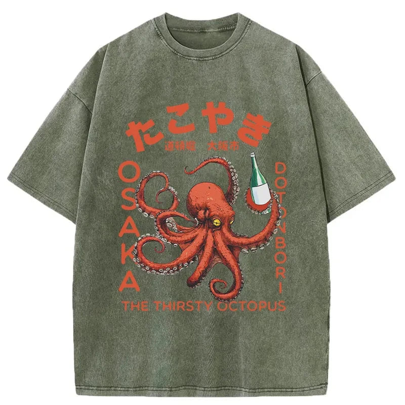 Magmoo Octopus Drinks Soju Washed T-Shirt