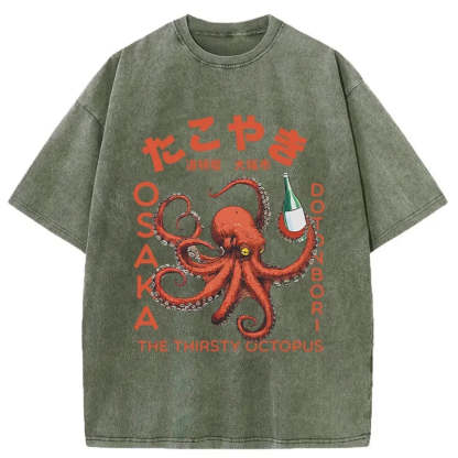 Magmoo Octopus Drinks Soju Washed T-Shirt